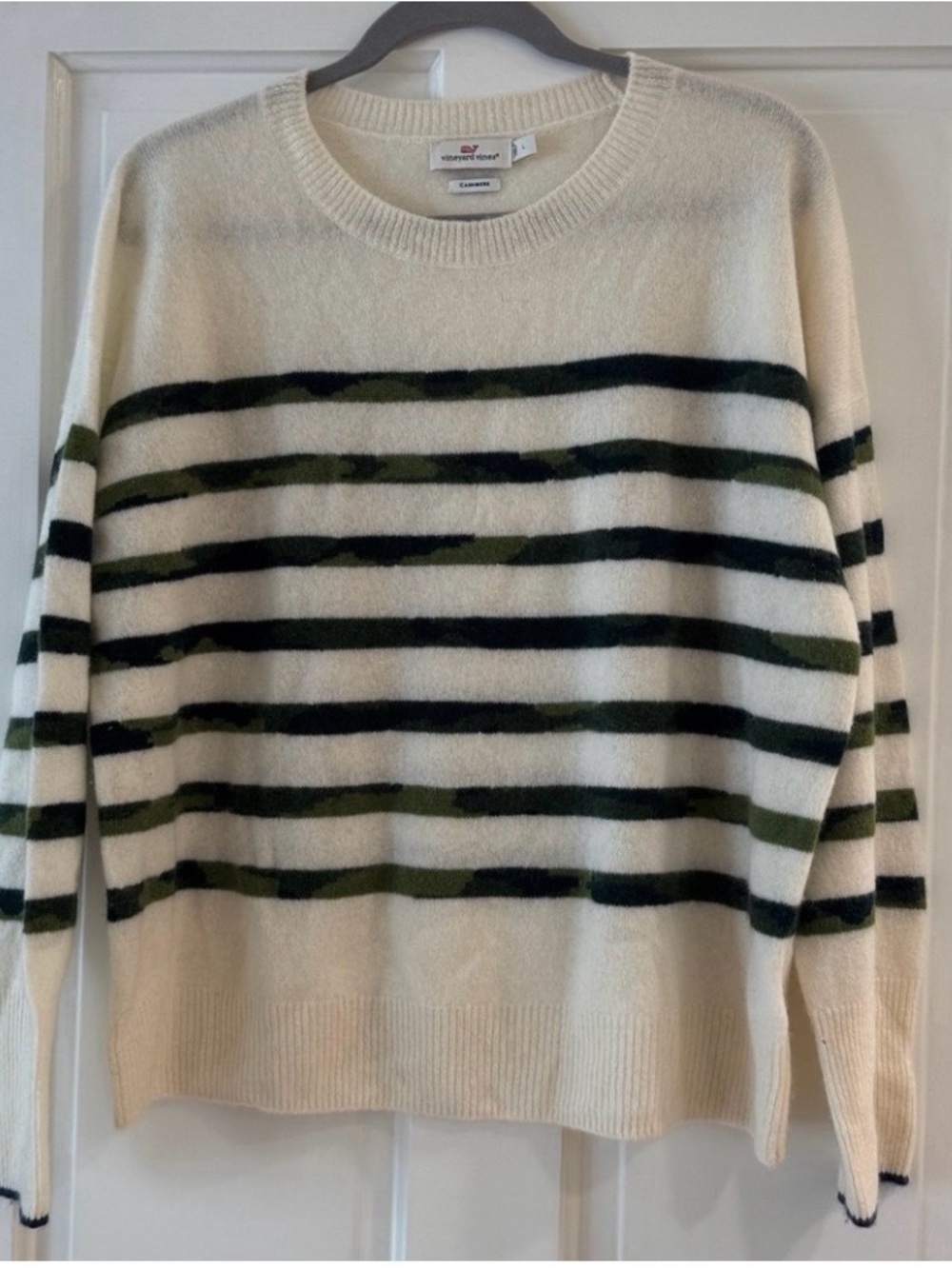 Vineyard Vines Cashmere Cream Sweater with Green Camo Stripes - Picture 4 of 16
